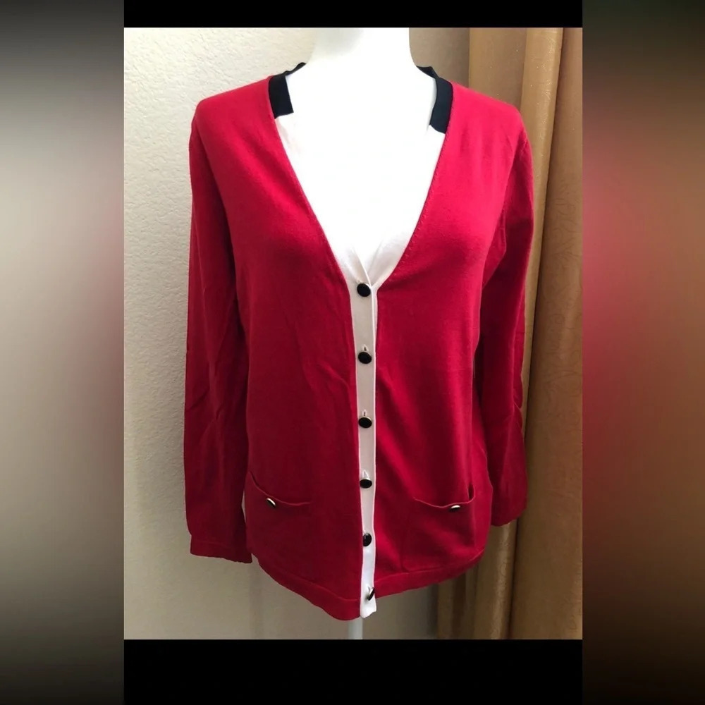 Jones New York red button down cardigan women PL silk blend excellent condition - Picture 6 of 6